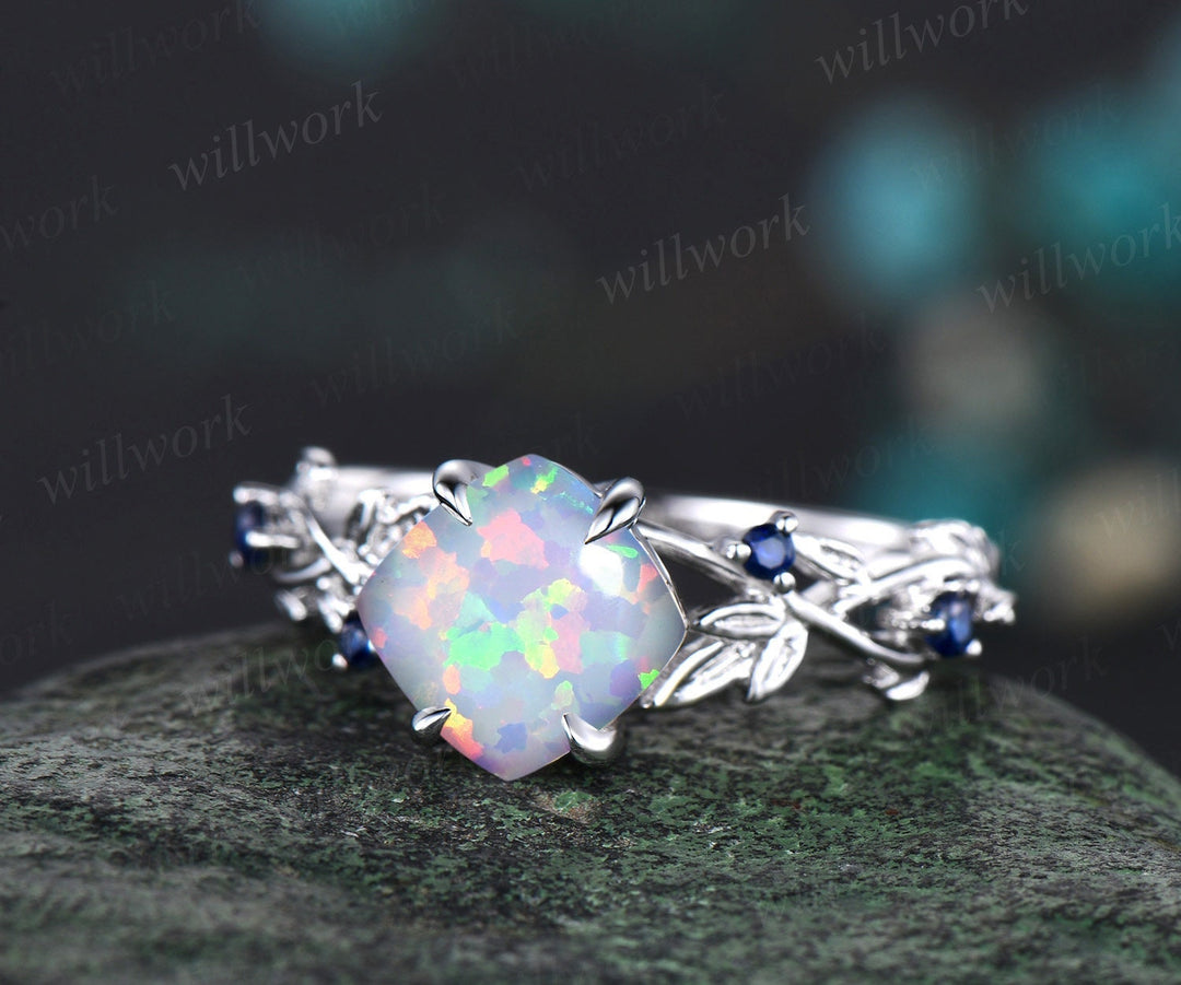 Twig cushion opal engagement ring white gold five stone leaf branch Nature inspired ring sapphire anniversary wedding ring set women gift
