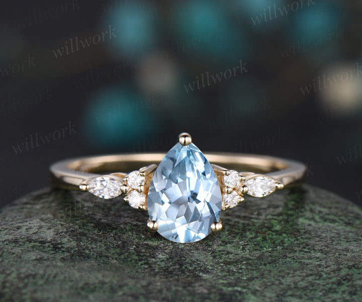 Pear shaped natural aquamarine engagement ring solid 14k 18k yellow gold marquise cut diamond ring women open gap wedding band jewelry