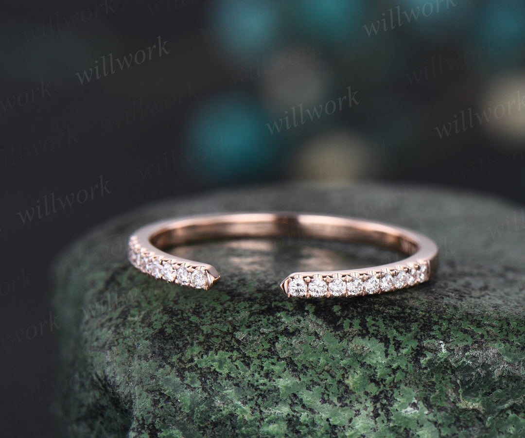 Open gap diamond wedding band solid 14k rose gold half eternity stacking matching dainty anniversary ring women