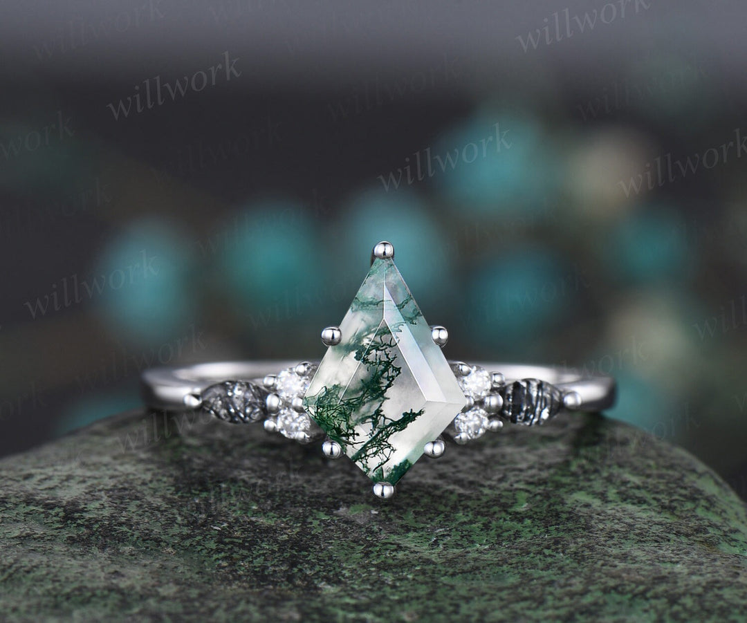Kite cut green moss agate engagement ring white gold black rutilated quartz ring women unique diamond promise wedding ring set jewelry