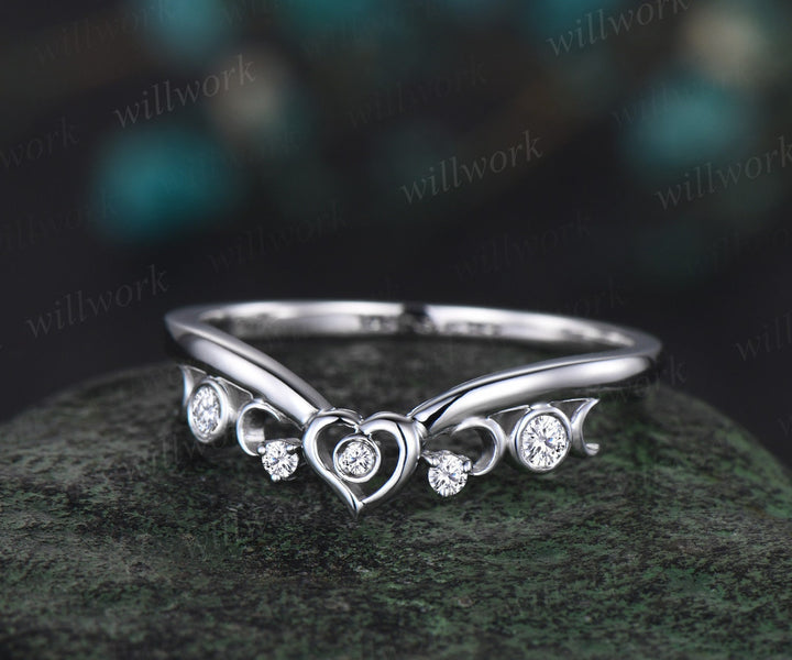 Heart moon bezel diamond wedding band solid 14k white gold vintage stacking wedding ring women unique anniversary bridal ring jewelry gift