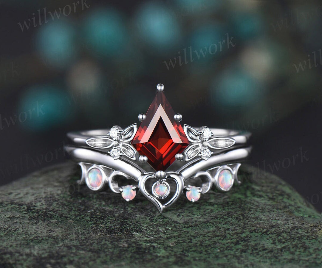 Kite cut red garnet engagement ring solid 14k white gold leaf five stone heart moon opal ring women unique bridal wedding ring jewelry gift