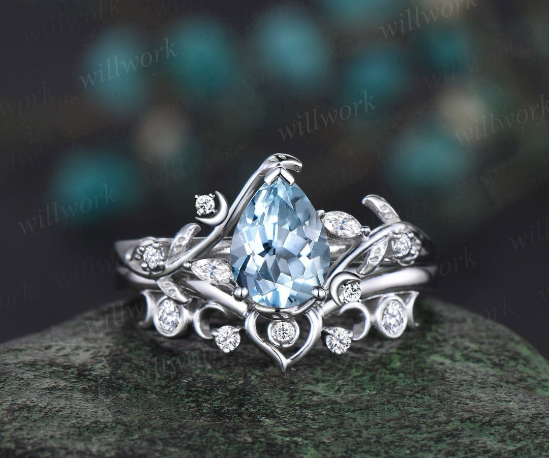 Vintage pear shaped aquamarine engagement ring white gold heart leaf moon nature inspired diamond bridal wedding ring set women jewelry gift