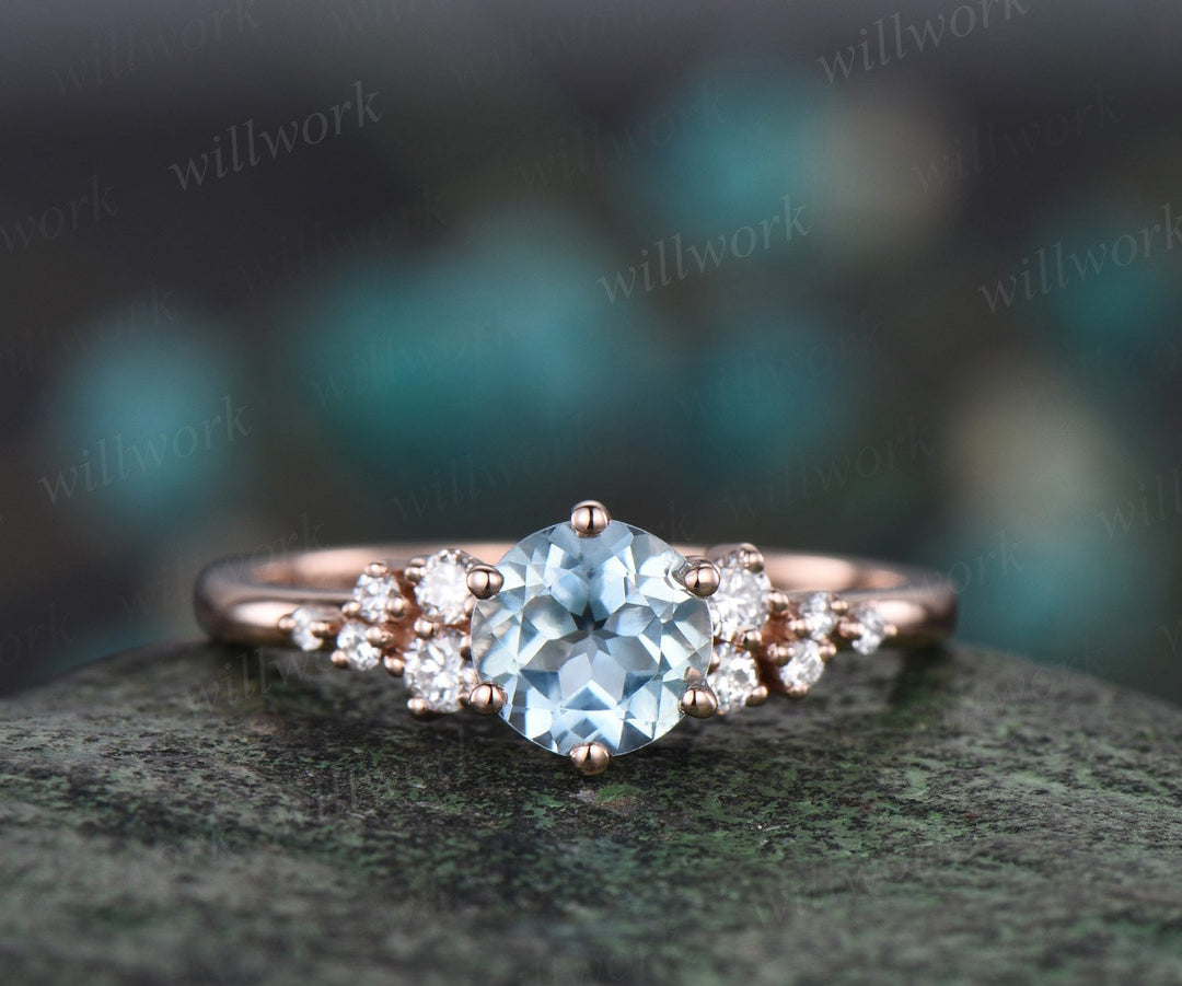 Round cut sky blue topaz ring vintage rose gold 6 prong snowdrift unique engagement ring women dainty diamond wedding anniversary ring gift
