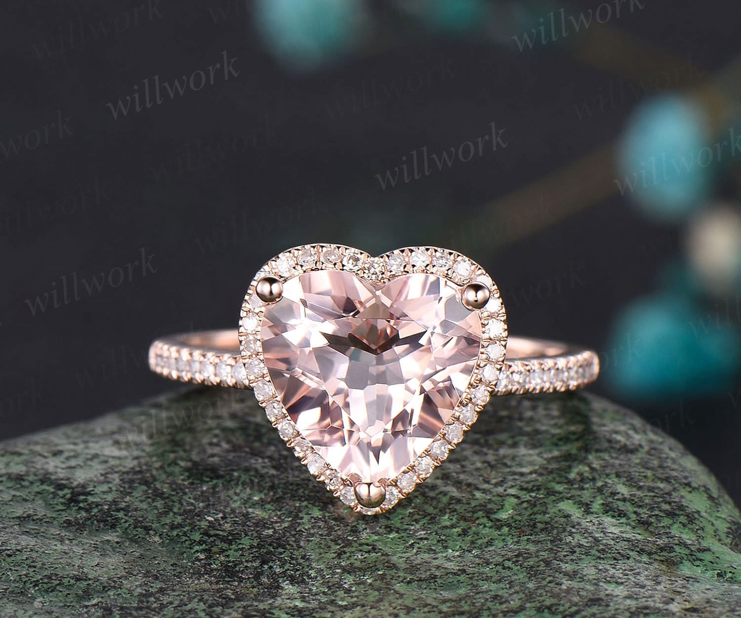 Heart shaped morganite engagement ring solid 14k rose gold half eterni ...