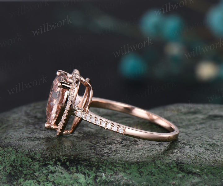 Heart shaped morganite engagement ring solid 14k rose gold half eternity halo diamond ring women unique wedding promise ring jewelry