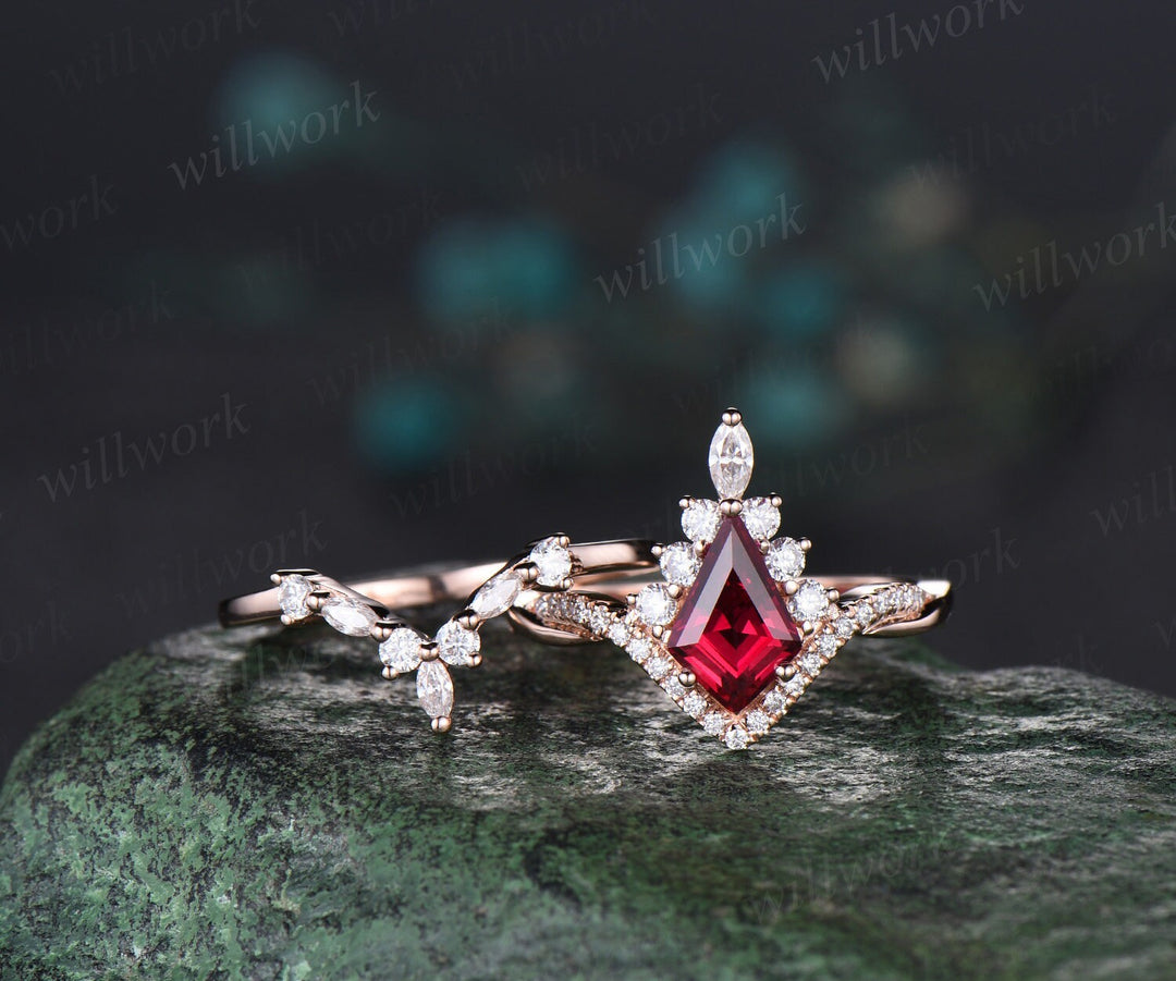 Vintage kite cut red ruby ring rose gold halo unique engagement ring set art deco curved twisted diamond promise wedding ring women
