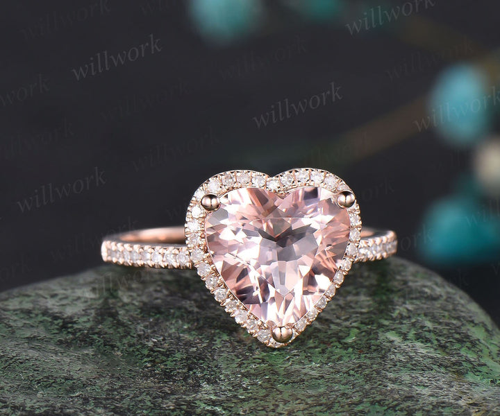 Heart shaped morganite engagement ring solid 14k rose gold half eternity halo diamond ring women unique wedding promise ring jewelry