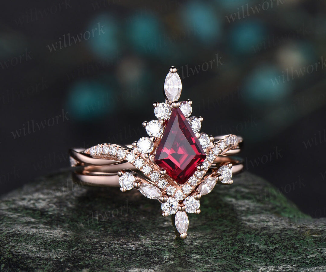 Vintage kite cut red ruby ring rose gold halo unique engagement ring set art deco curved twisted diamond promise wedding ring women