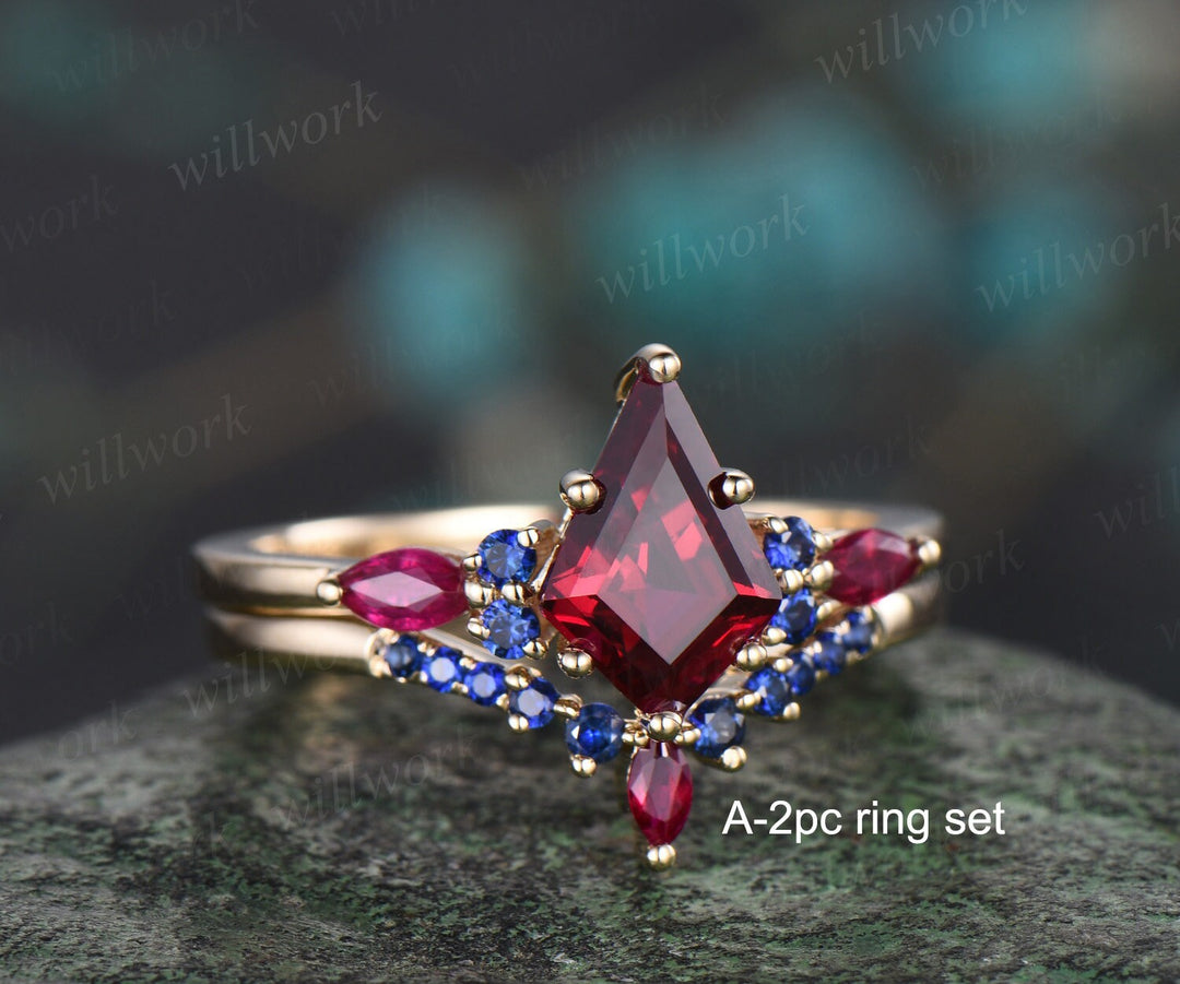 Kite cut red ruby engagement ring solid 14k yellow gold 6 prong blue sapphire ring gemstone unique anniversary ring women gift jewelry