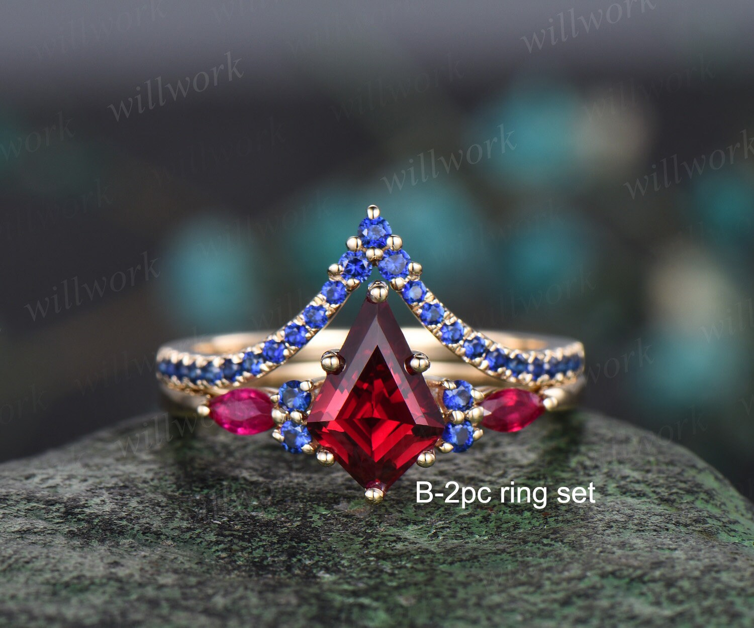 Kite Cut Red Ruby Engagement Ring Solid 14K Yellow Gold 6 Prong Blue Sapphire Ring Gemstone Unique Anniversary Ring Women Gift Jewelry 3PC Ring Set