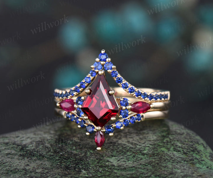 Kite cut red ruby engagement ring solid 14k yellow gold 6 prong blue sapphire ring gemstone unique anniversary ring women gift jewelry