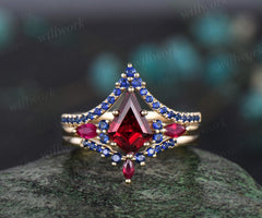 Kite cut red ruby engagement ring solid 14k yellow gold 6 prong blue sapphire ring gemstone unique anniversary ring women gift jewelry