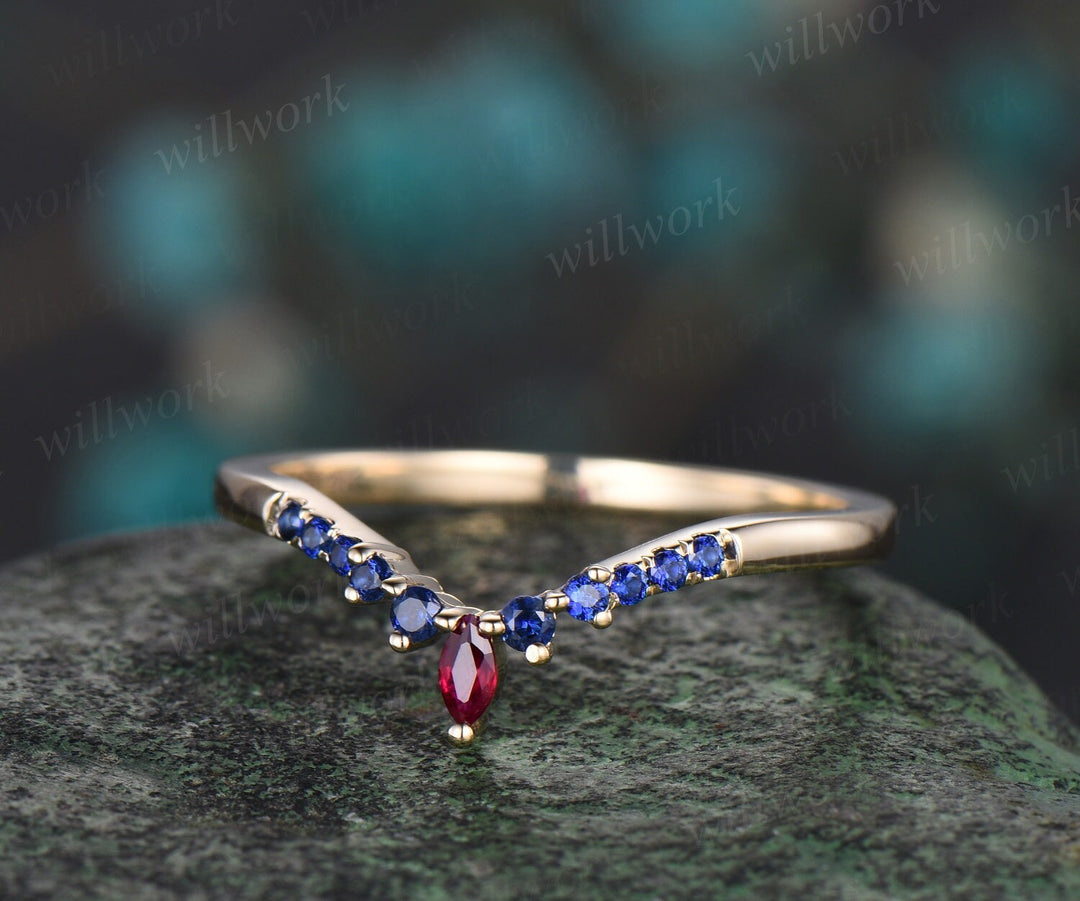 Curved ruby sapphire wedding band solid 14k yellow gold matching stacking ring ainty bridal anniversary ring band women